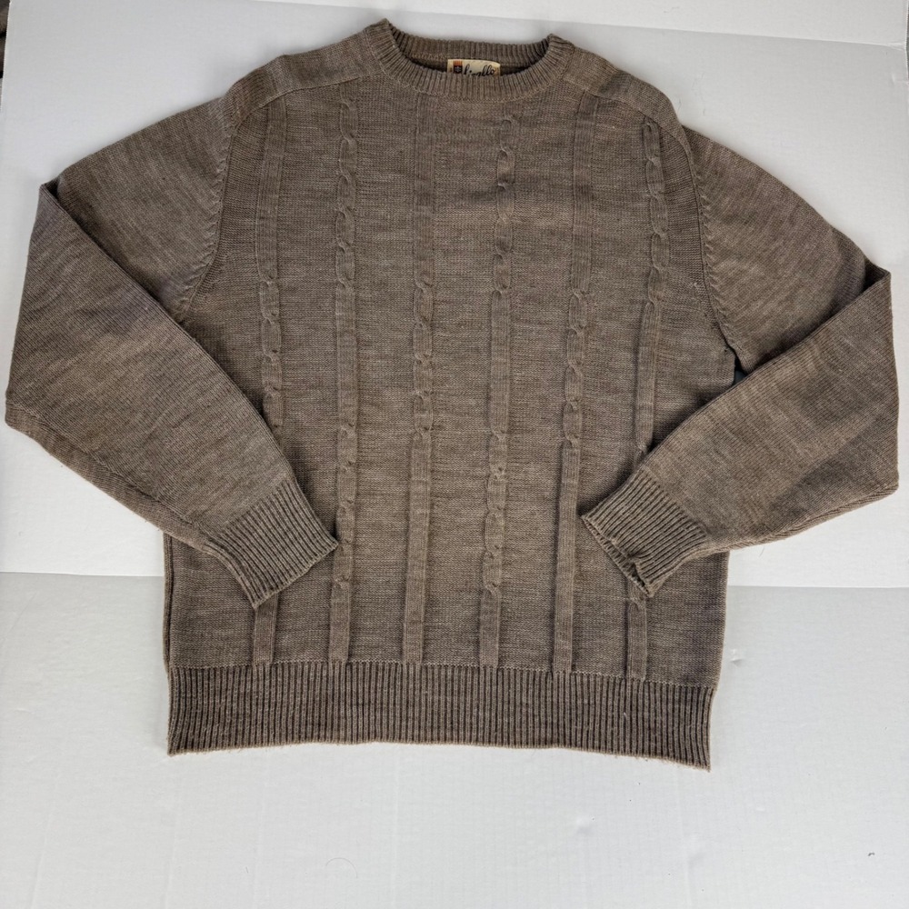 Vintage Sigallo Mens Large Taupe Brown Cable Knit Crewneck Acrylic Sweater Korea